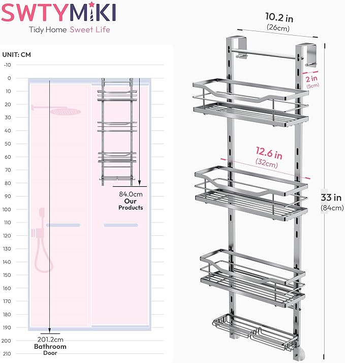 SWTYMIKI Over the Door Shower Caddy - 4 Tier Adjustable Shower Organizer Hanging with Soap Holder, No Drilling Stainless Steel Bathroom Rack Hanging for Body Wash, Shampoo, Soap, Razor, Silver