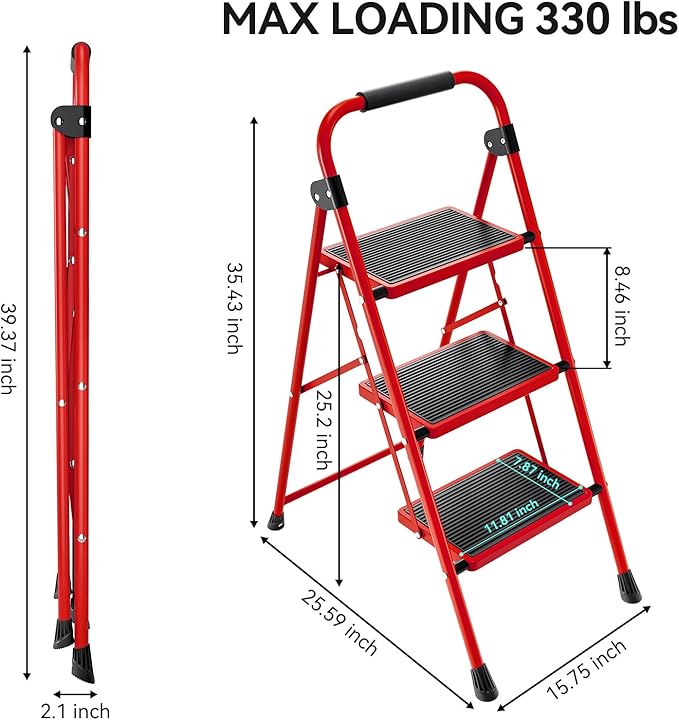 KINGRACK 3 Step Ladder, Folding Step Stool with Anti-Slip and Wide Pedal, Lightweight Stepladder with Handrails, Portable for Kitchen, Household, Red