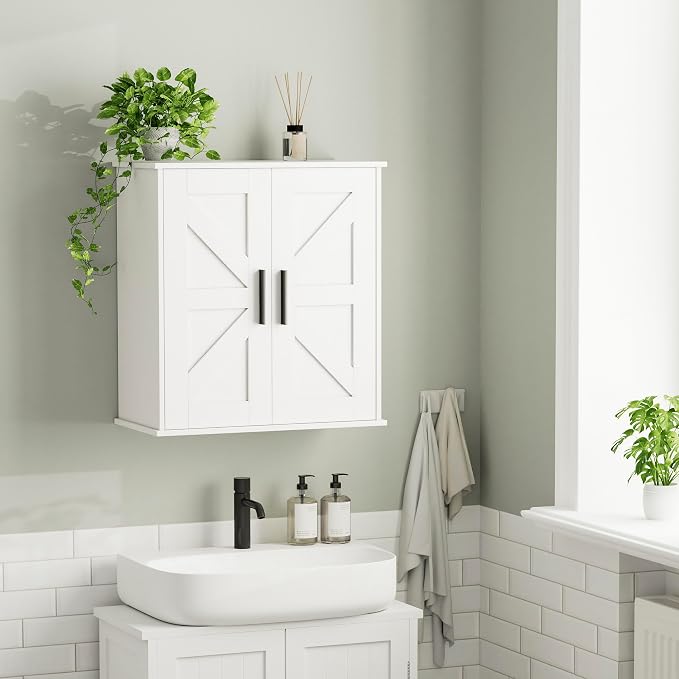 Homleke Bathroom Wall Cabinet, Over Toilet Storage Cabinet with Barn Doors and Adjustable Shelves, 3-Tier Medicine Cabinet Wall Mounted, for Bathroom, Kitchen, Entryway, Laundry Room, White, (11.8" D)