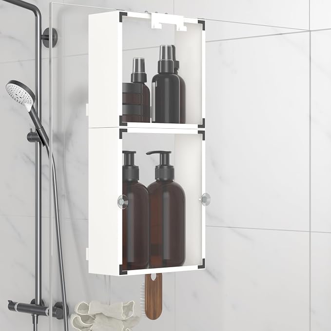 Over the Glass Shower Caddy Hanging, 2 Tier Stainless Steel Rustproof Shower Organizer Over the Door with Hooks, Bathroom Organizers and Storage Rack, Bathroom Decor Shelves - White