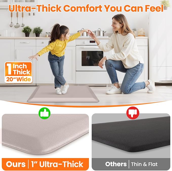 Kitchen Mats for Floor, 1 Inch Extra-Thick Kitchen Rugs, Non-Slip & Waterproof Standing Desk Mat, Comfort Anti Fatigue Mats for Kitchen Floor, Home, Sink, Office (20" X 32", Khaki)