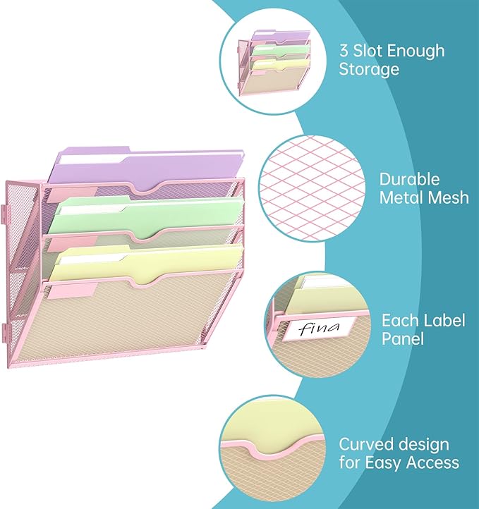 SUPEASY 3 Tier Wall File Organizer, Hanging Wall Mounted Mail Organizer with Label Slots, Metal Mesh File Holder Magazine Rack for Office, Home, School, Pink