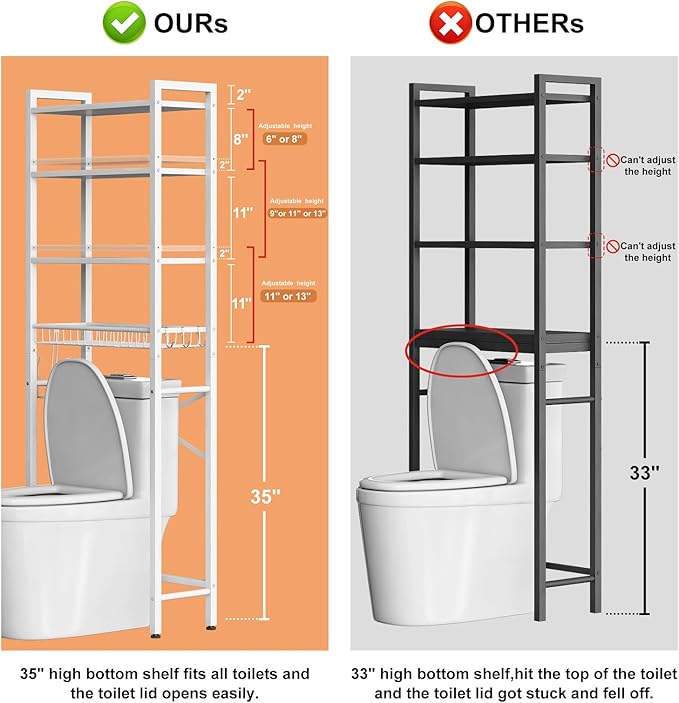 Kalrin Over-The-Toilet Storage Rack, 4-Tier Bathroom Organizer Shelf Over Toilet with Adjustable Shelf and Basket, Freestanding Space Saver Bathroom Shelves Above Toilet for Room (Pure White)