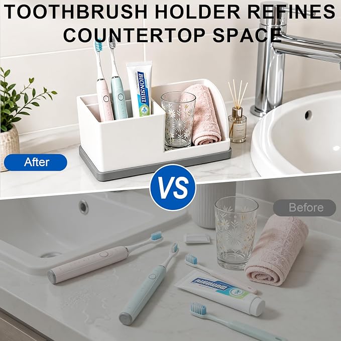 Bathroom Toothbrush Holders, 4 Slots Silicone Counter Organizer Storage with White-Grey, Detachable Anti-Slip Vanity Organizer for Electric Toothbrush, Toothpaste & Phone