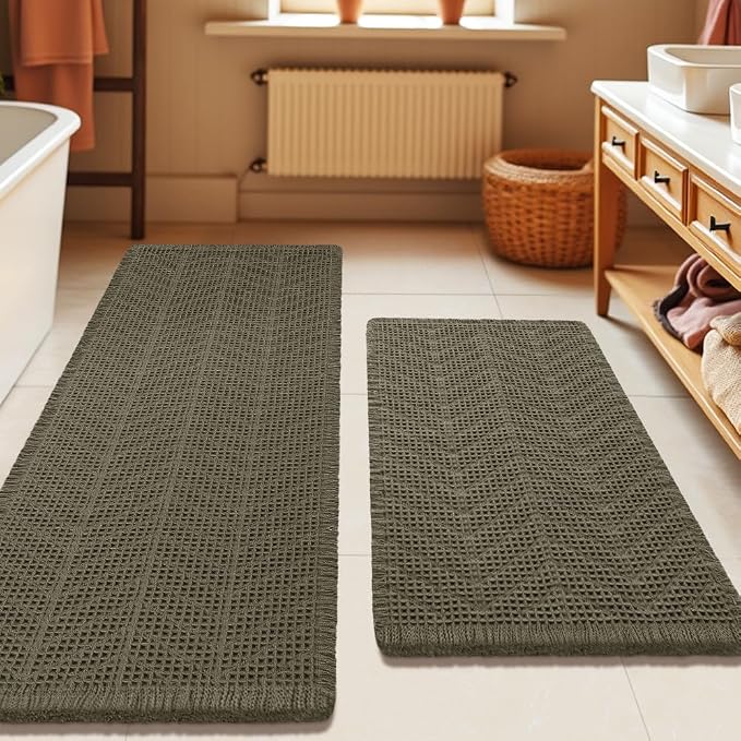 IM HOME Upgrade Waffle Bath Mat Set 2 Piece, Greyish Green, Boho Bathroom Rugs Absorbent Non Slip, Ultra Soft Bathroom Mat, Machine Washable Knit Bath Rugs with Herringbones for Bathroom, Kitchen