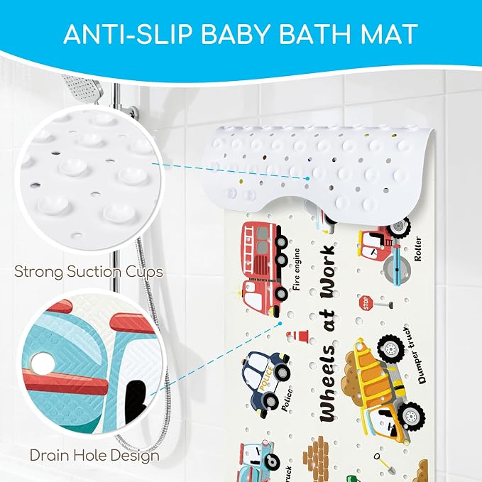 Baby Bath Mat for Tub, Non Slip Kids Bath Shower Mat, 40 X 16 Inch Large Bathtub Mat with Drain Holes and Suction Cups for Toddlers, Machine Washable and Waterproof (Excavator)