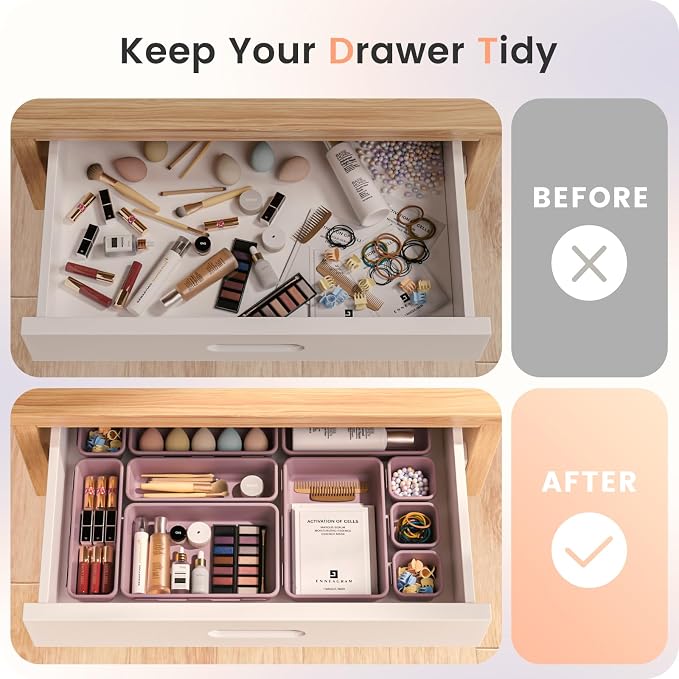 A-LuGei 【Military Grade Drawer Organizer, 【𝟱𝗦𝗶𝘇𝗲】 Makeup organizer, 【Holds 177 Items】 Bathroom Organizers and Storage, Organization and Storage, Desk Drawer Organizer for Vanity (Lilac)
