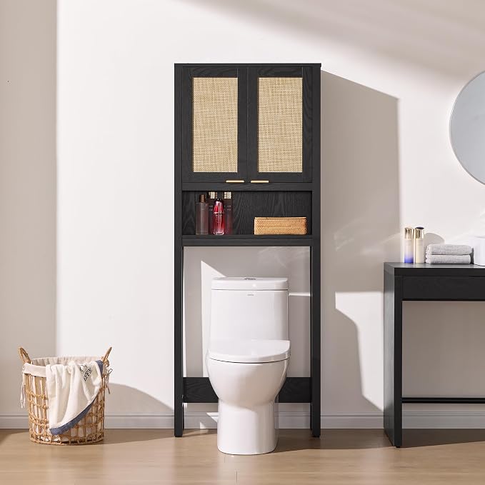 SICOTAS Over The Toilet Storage Cabinet with Rattan Door, Freestanding Bathroom Organizer with Adjustable Shelf, Space Saver Cabinet for Bathroom, Laundry Room, Restroom