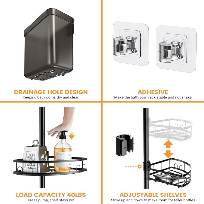 Tension Pole Shower Caddy Corner: Adjustable 4-Tier Bathroom Organizer Shelves - Rustproof Bathtub Shampoo Rack, No-Drill Standing Shower Caddy for Renters, Apartment & Family Bathroom 31-124 inch