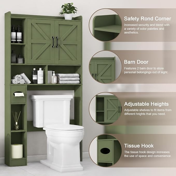Vabches Over The Toilet Storage Cabinet, Farmhouse Storage Cabinet Over Toilet with 2 Barn Doors & Toilet Paper Holder Stand，Home Space-Saving Toilet Rack, for Bathroom, Restroom, Laundry. Green