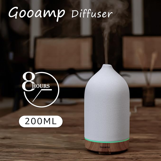 Gooamp 200ML Ceramic Essential Oil Diffuser (2 Pack) - Ultrasonic Aromatherapy & Humidifier with 7-Color LED Lights, Auto Shut-Off, Wood Grain Base, 1H/3H/6H Timer | Scent for Home, Office, Yoga