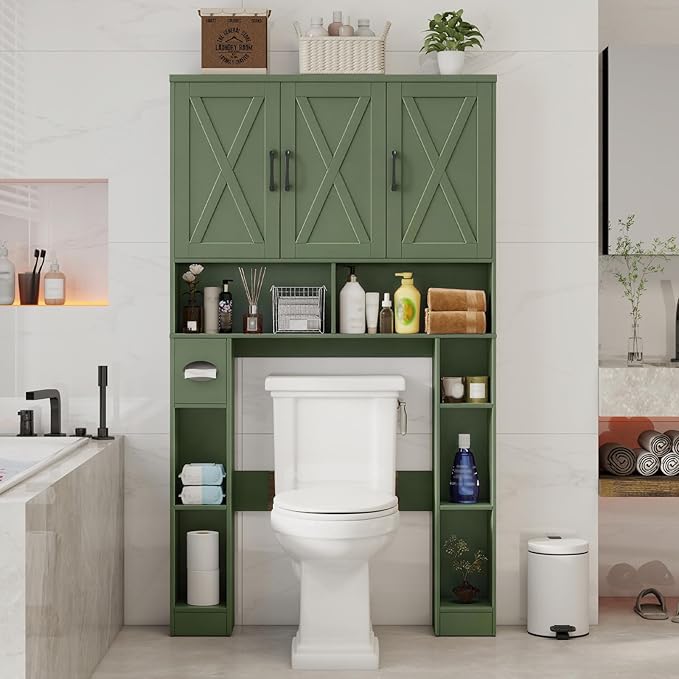 Vabches Over The Toilet Storage Cabinet, Farmhouse Toilet Cabinet Rack with 3 Barn Doors, Space Saving Bathroom Organizer with Shelves, Toilet Paper Holder and Towel Rack for Bathroom,Restroom.(Green