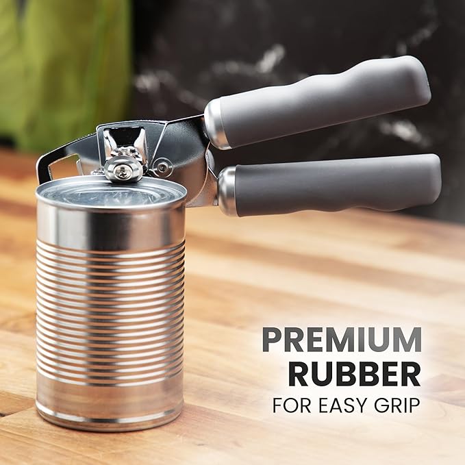 Zulay Kitchen Heavy Duty Stainless Steel Can Opener Manual with Bottle Opener - Rust Proof Manual Can Opener With Turn Knob & Comfy Soft Grip Handles - Gray