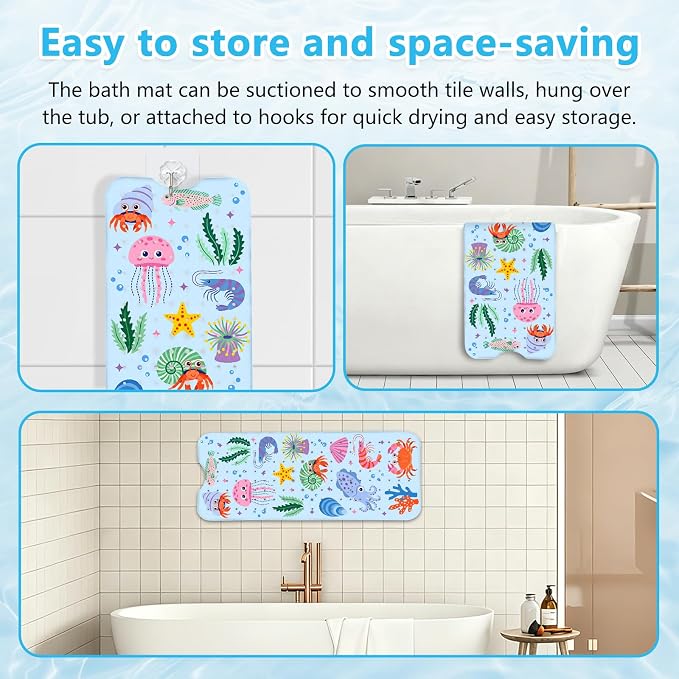 Bath Mats for Tub Kids Baby, Large Cartoon Sea Baby Bathtub Mat Non Slip, Machine Washable, 40"x16" Long Tub Mats with Suction Cups & Drain Holes, Non Slip Baby Shower Mat for Toddler(Sea Animal)