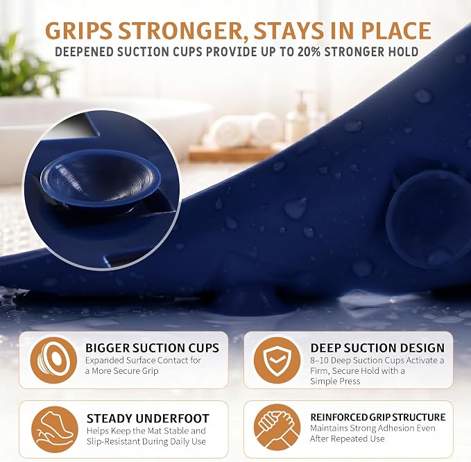 Yimobra Bathtub Mat Non Slip, 35"X16" Shower Mat with Strong Suction Cups & Drain Holes, Long Anti Slip Bath Tub Mat for Inside Shower, Machine Washable Fast Drying, Bathroom Essentials, Navy Blue
