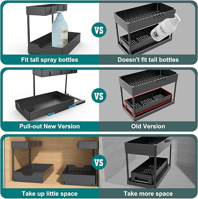 NATURE'S SOURCE 2 Pack Under Sink Organizer 2 Tier Sliding Cabinet Organizers Multi-Purpose Sink Storage Basket L-Shape Narrow Space Storage Shelves with 4 Hook for Kitchen Bathroom Drawer, Black