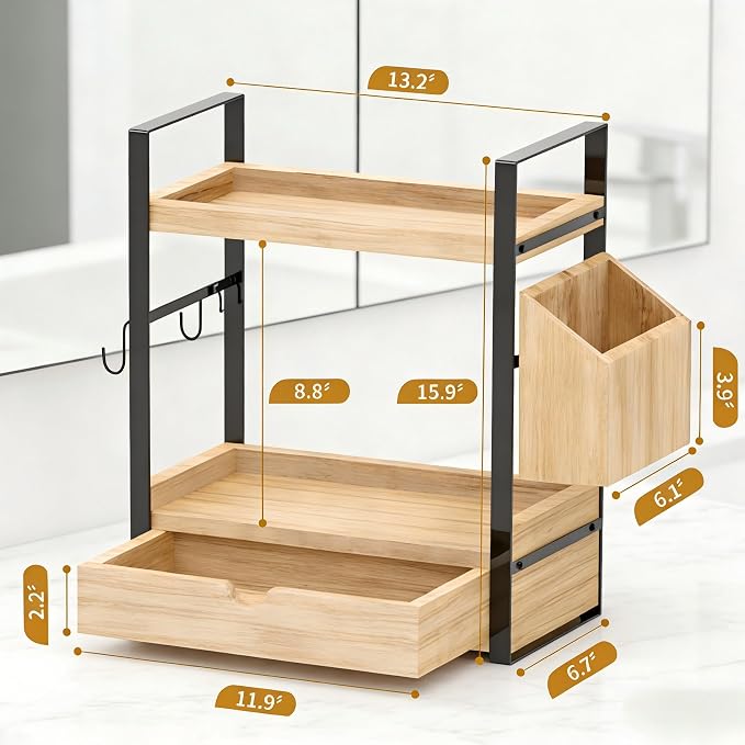 2-Tired Bathroom Counter Organizers and Storage, Bathroom Countertop Organizer with Drawer, Solid Wood Skincare Perfume Organizer for Vanity Kitchen Corner Shelf Office Countertop (Light Brown)