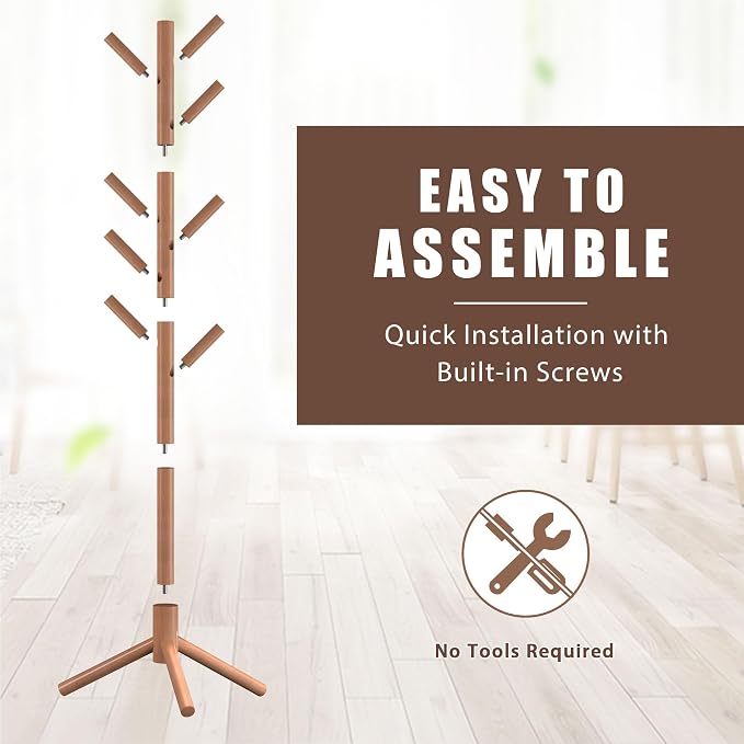 Haddockway Wooden Coat Rack Stand with 8 Hooks New Zealand Pine 3 Adjustable Coat Standing Tree Easy Assembly for Coats, Hats, Scarves and Handbags for Entryway, Hallway, Bedroom, Office,2 PCS