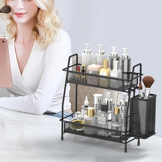 LEMIKKLE 2-Tier Bathroom Countertop Organizer,Skincare, Makeup Countertop Organizers, Kitchen, Bathroom Counter Storage with Small Basket (Black)