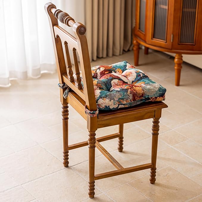 vctops Farmhouse Floral Print Chair Cushions with Ties U-Shaped Soft Comfortable Chair Pads Non Slip Seat Cushions for Indoor Dining Room and Kitchen Chairs (Flower E,16"x16")