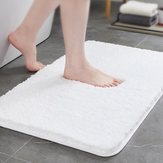 TECHMILLY Non-Slip Bathroom Rugs Sets 2 Piece, Fluffy Soft Luxury Microfiber Shower Mat, Absorbent, Washable & Quick Dry for Bath Floor, White