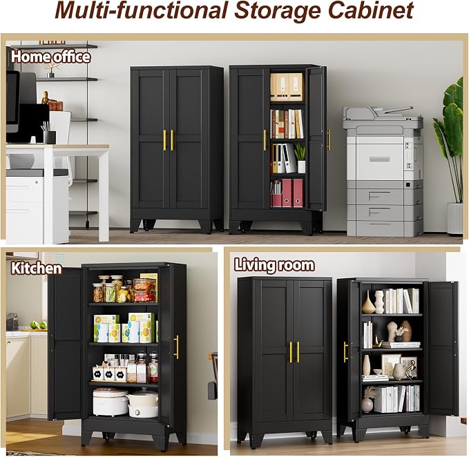 47" Black Metal Garage Storage Cabinet with 2 Doors and 3 Adjustable Shelves,Kitchen Pantry Cabinet,File Cabinet,Steel Tool Cabinet for Home,Office,Garage,School,Warehouse