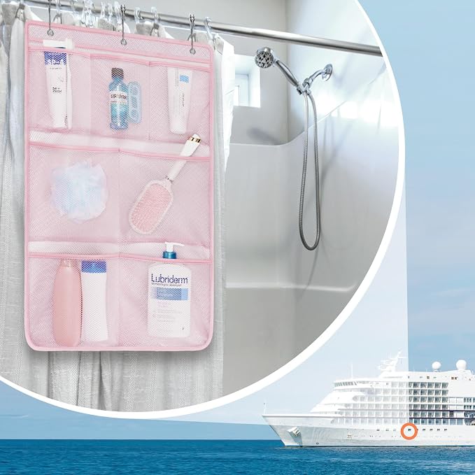 F-color Cruise Essentials 2026 - Mesh Shower Organizer Hanging with 7 Pockets for RV Gym Camping, Quick-Dry Portable Toiletry Bag with Metal Hooks for Bathroom Travel Toiletries, Pink