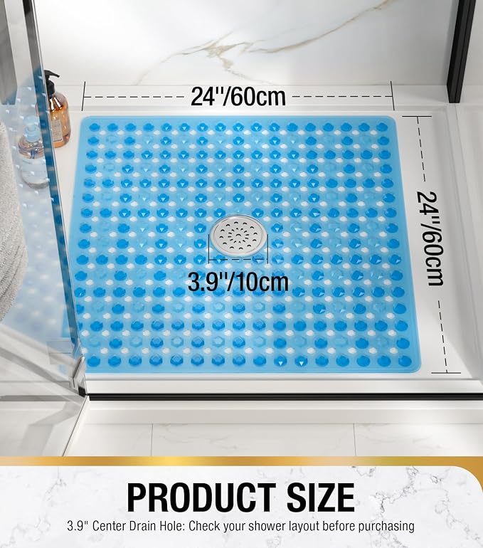 HITSLAM Non Slip Shower Stall Mat with Center Drain Hole, Diamond Textured PVC Bath Mat for Inside Shower, Machine Washable, Strong Suction Cups for Bathroom Bathtub Mat, 24x24 Inch, Blue