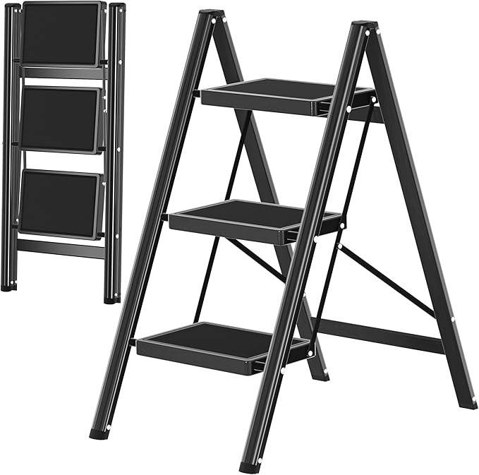 DIAMONDFORGE 3 Step Ladder, Folding Step Stool with Anti-Slip Wide Pedal, Anti-Slip Feet, Sturdiest Steel Construction, Steel Ladder for Home and Office, Black