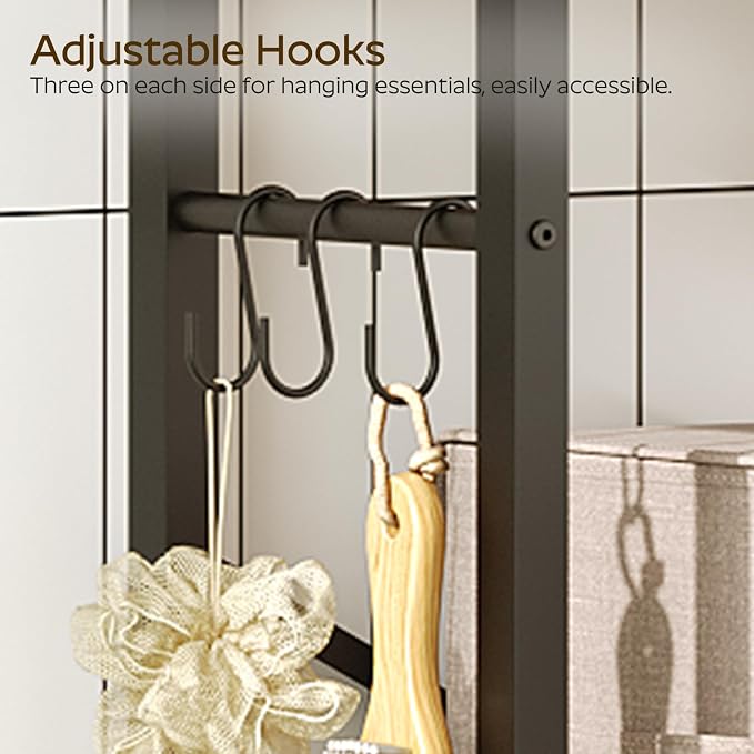 YATINEY 2-Tier Over The Toilet Storage, Multifunctional Vertical Over Toilet Bathroom Organizer, Freestanding Bathroom Storage Shelves with Hooks, Bathroom Organizer, Rustic Brown and Black TR01BB