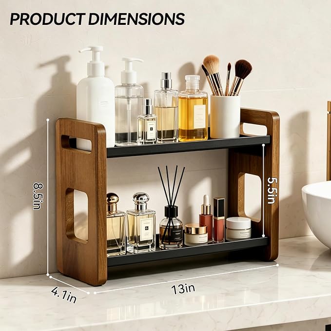 2-Tier Acacia Wood Bathroom Countertop Organizer and Storage, Vanity Bathroom Sink Organizer Shelf for Skin Care Makeup Cologne and Perfume, Small Dresser Counter Organizer-Brown