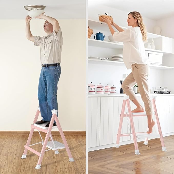 DIAMONDFORGE 2 Step Ladder, Folding Step Stool with Anti-Slip Wide Pedal, Anti-Slip Feet, Sturdiest Steel Construction, 330lbs Capacity Steel Ladder for Home and Office, Pink White