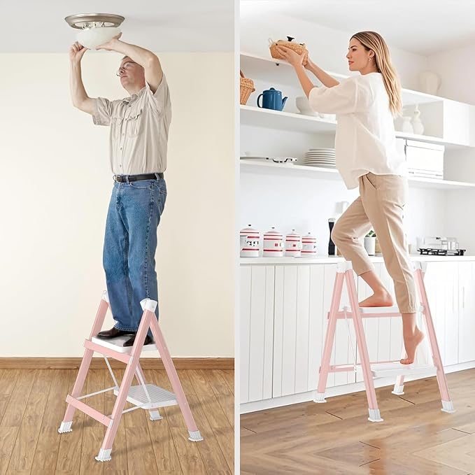 DIAMONDFORGE 2 Step Ladder, Folding Step Stool & Collapsible Stool for Kitchen, 330lbs Capacity with Wide Anti-Slip Pedal & Feet, Sturdy Steel Step Ladder for Home and Office, Pink & White