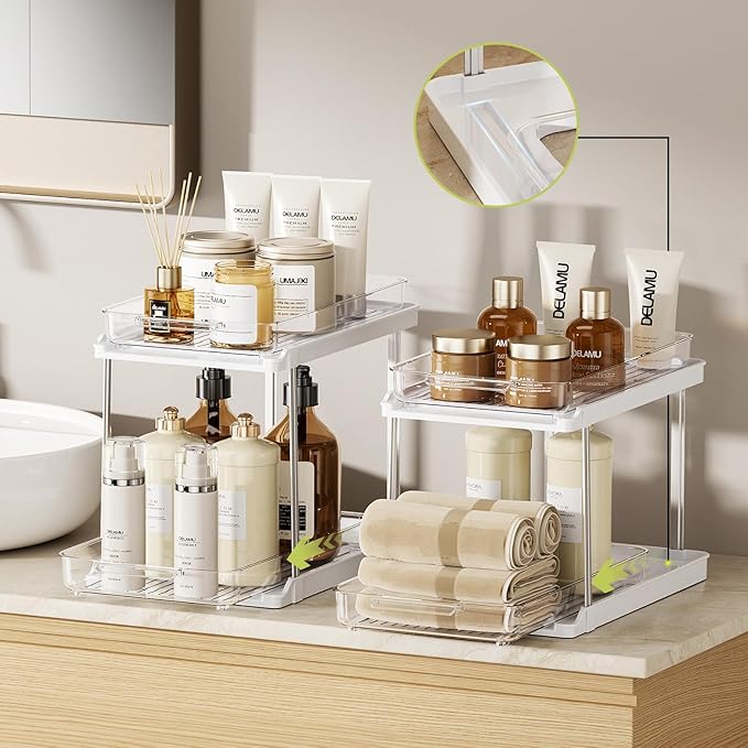 Delamu 2-Tier Bathroom Under Sink Organizers and Storage, Pull Out Cabinet Drawers with Anti-Slip Design, Multi-Purpose Storage for Kitchen, Pantry, Bathroom & Home Organization, White, 1 Pack