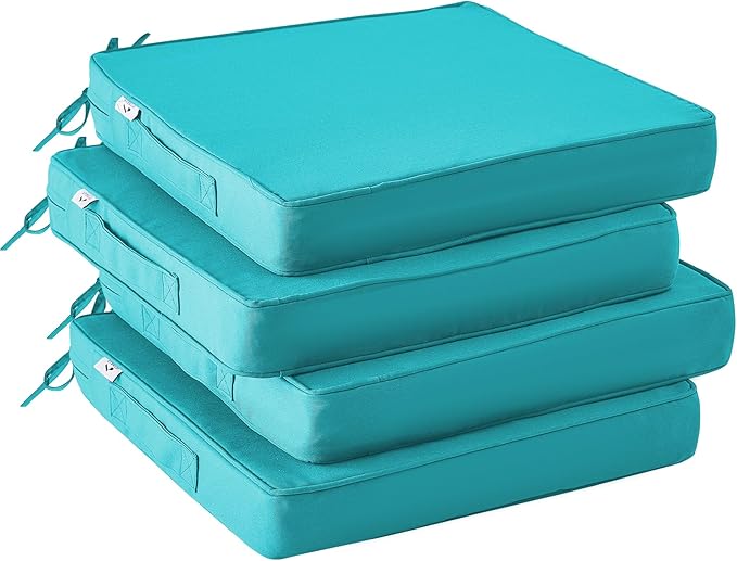 IPYNBAP Outdoor Chair Cushions Set of 4 -Waterproof Outdoor Seat Cushions for Patio Furniture, Patio Chair Cushion with Handle and Ties, Out Door Chair Pads,19x19x3-Square, Teal