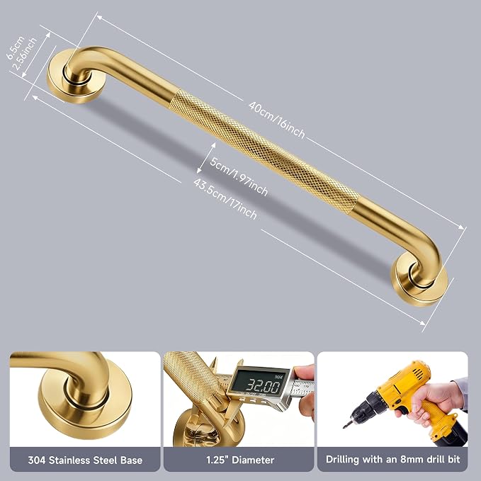 16 Inch Shower Grab Bar 1.25" Dia, 2 Pack Gold Anti Slip Bathroom Grab Bar, 304 Stainless Steel Knurled Handicap Grab Bars, Safety Support Handrail,Bath Shower Handle for Elderly Injury Senior