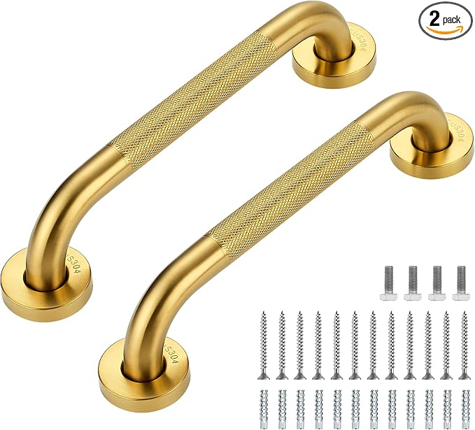 Grab Bars for Shower, 2 Pack 12-Inch Anti Slip Shower Handles for Elderly, Safety Shower Grab Bar, Stainless Steel Handicap Grab Bars for Bathroom,Toilet (Gold, 1" Diameter)