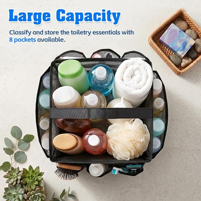 Mesh Shower Caddy Portable for College Dorm Room Essentials, Large Capacity Shower Caddy Dorm Bag with 9-Pockets, Quick-Dry Toiletry Organizer for Gym Beach Camping Travel Bathroom, Black