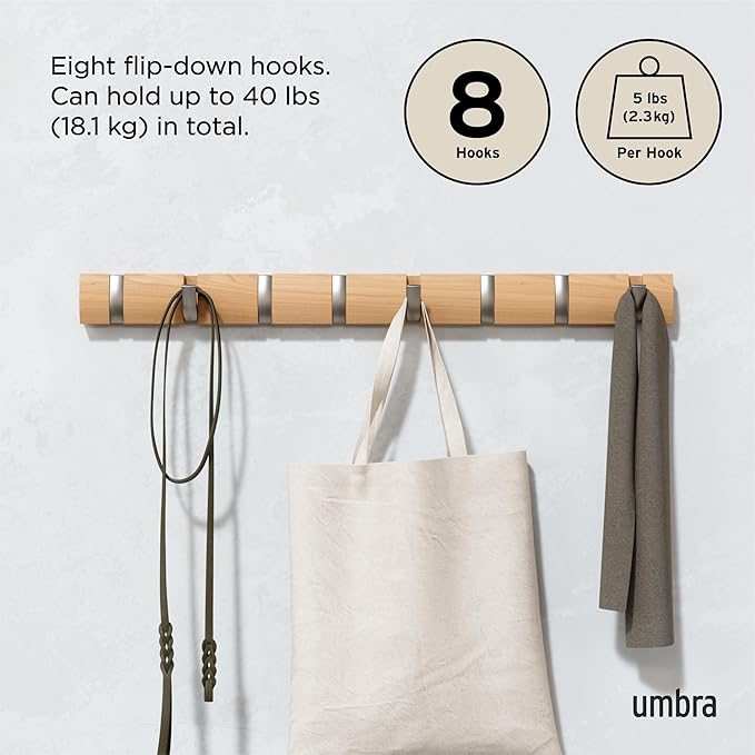 Umbra Flip Wall-Mounted Coat Rack with 8 Hooks – Modern, Space-Saving Storage for Hats, Jackets, Bags, Entryway, Mudroom, Closet, Bathroom, Bedroom – Natural/Nickel