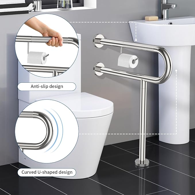 Toilet Grab Bar with Leg 24x28 Inch, ZUEXT Chrome Knurled Toilet Support Bar with Toilet Paper Holder, Stainless Steel Wall & Floor Mounted Bathroom Support Rail for Seniors Elderly Disabled Pregnant