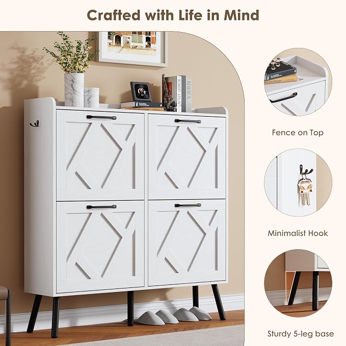 Nicetree Shoe Cabinet with 4 Flip Drawers, Freestanding Shoe Organizer Cabinet with Metal Legs, Farmhouse Slim Shoe Rack Cabinet for Entryway, Foyer, Hallway, White