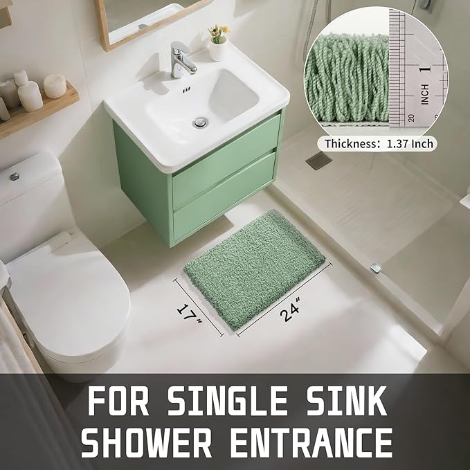 Yimobra Pure Light Green Bathroom Rugs Non Slip Washable, Ultra Soft and Water Absorbent Bath Mats, Plush Fluffy Shower Mat Outside, Microfiber Thick Matts for Bathroom Floor/Sink, 24x17
