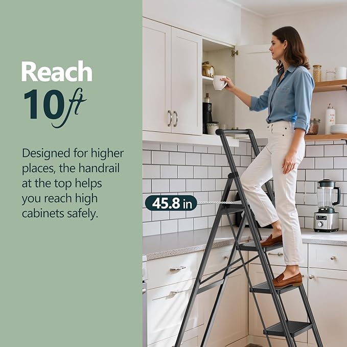 WOA WOA Step Ladder for Home, Foldable Step Stool for Kitchen with Non-Slip Pedals, Sturdy Ladders Supports up to 330 lbs, Compact and Portable - 5 Step with Handle/Black