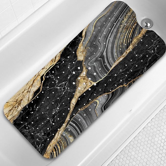 Bathtub Mat Non Slip, 40x16 inch Bath and Shower Safety Mats, Black Marble and Golden Veins Tub Mat for Bathroom, Tub Shower Mat with Drain Holes and Suction Cups