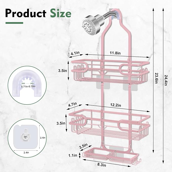 Shower Caddy Hanging, Over Head Shower Caddy Shower Storage Rack Basket with Hooks for Razor and Sponge Rustproof, No Drilling, Accessories for Bathroom and Kitchen, pink