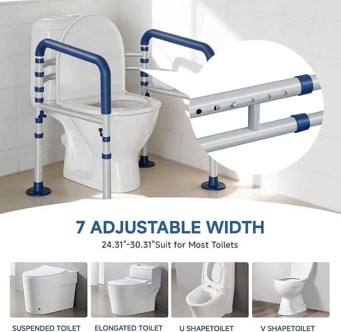 Loyoda Toilet Safety Rail for Seniors, 11.7lbs Steel, Rock-Solid Stability | Height & Width Adjustable,Foldable,Padded Armrests,Wide Non-slip Foot Pads,350 lb Capacity for Pregnant Women & Disabled,Blue