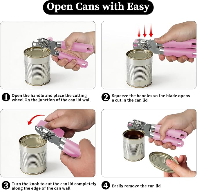 Can Opener Manual, Hand Heavy Duty Stainless Steel Bottle Opener Comfortable Handle, Sharp Blade Smooth Edge, Multifunctional Kitchen Tool, Pink