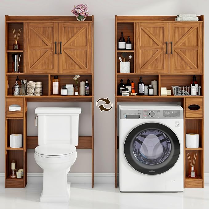 Vabches Over The Toilet Storage Cabinet, Farmhouse Storage Cabinet Over Toilet with 2 Barn Door & Toilet Paper Holder Stand，Home Space-Saving Toilet Rack, for Bathroom, Restroom, Laundry.Caramel