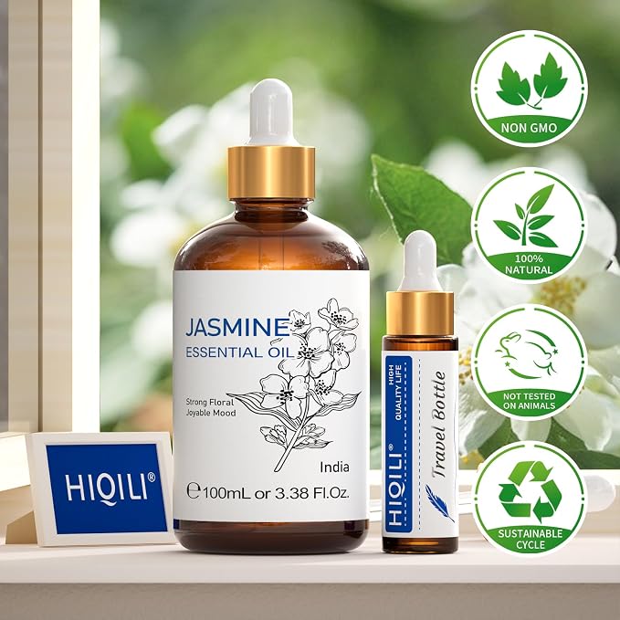 HIQILI Jasmine Essential Oil, Pure & Natural Jasmine Oil for Diffuser, Perfume, Shampoo, Aromatherapy-3.8 Fl Oz/100 ML