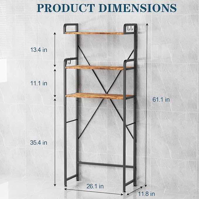 Over The Toilet Storage Cabinet, 3-Tier Bathroom Organizers and Storage with Hooks, Freestanding Shelf Toilet Rack, Small Bathroom Laundry Space Saver with Towel Rack & Toilet Paper Holder(Brown)